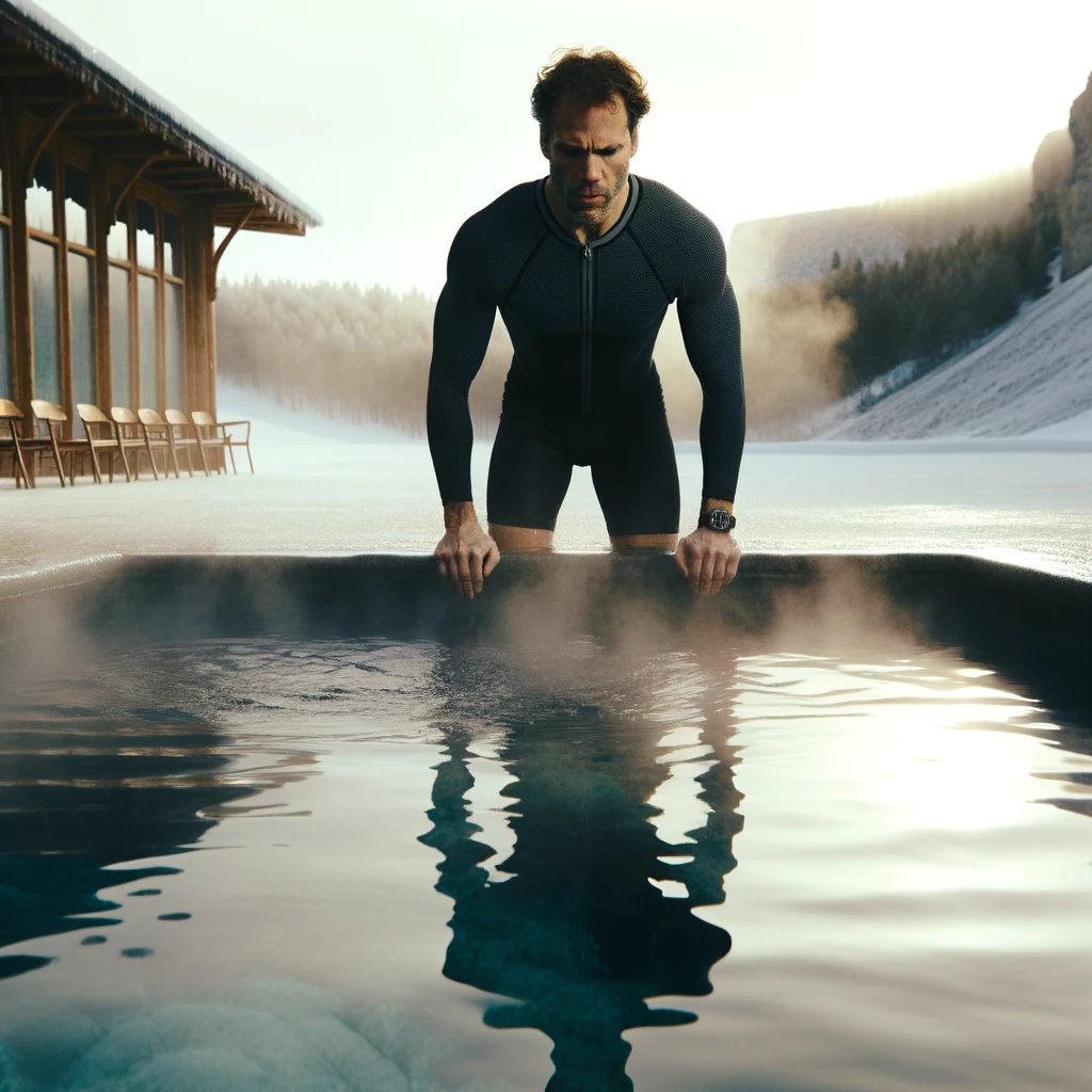A man in his 40ies hesitating to get into his cold plunge